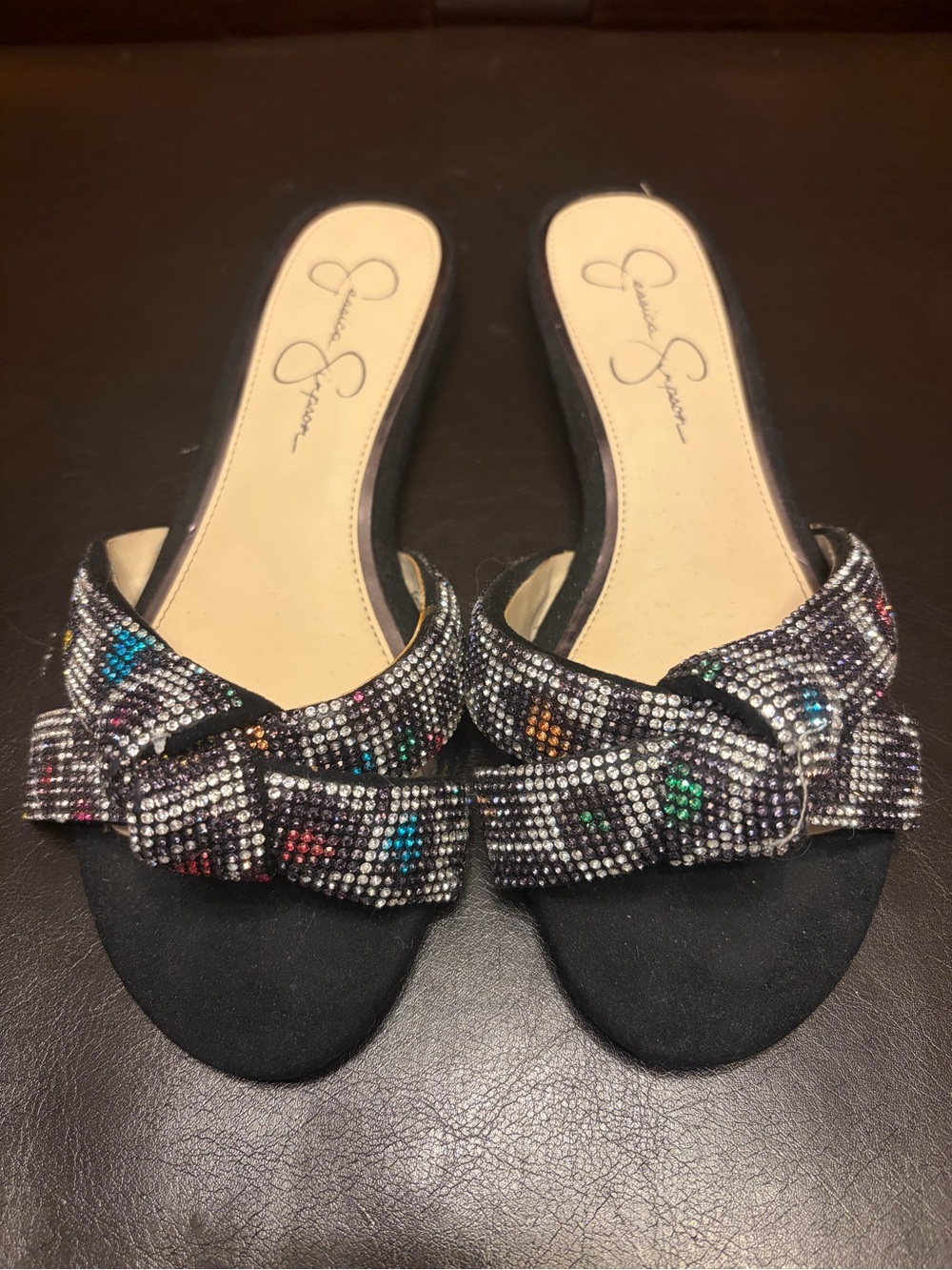 Jessica Simpson Black Crystal Knotted Slide Sandals with Multicolor Gems